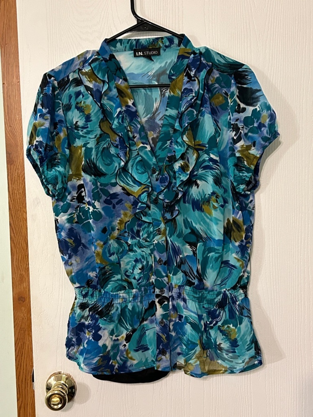 I N Studio Teal Floral Ruffle Front Blouse With Attached Tank Top Size XL